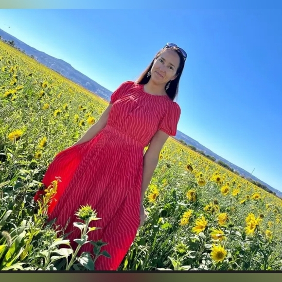 Toccin Elyse Striped Pleated Pink Midi Spring Wedding Formal Dress Size 14 - Picture 5 of 11